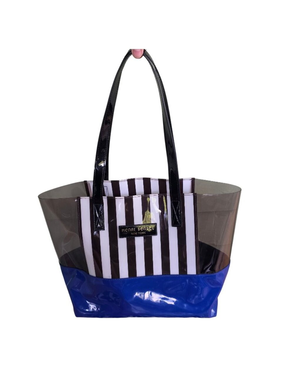 Henri Bendel Stripe Tote Clear & Blue Vinyl Black Handles Stylish